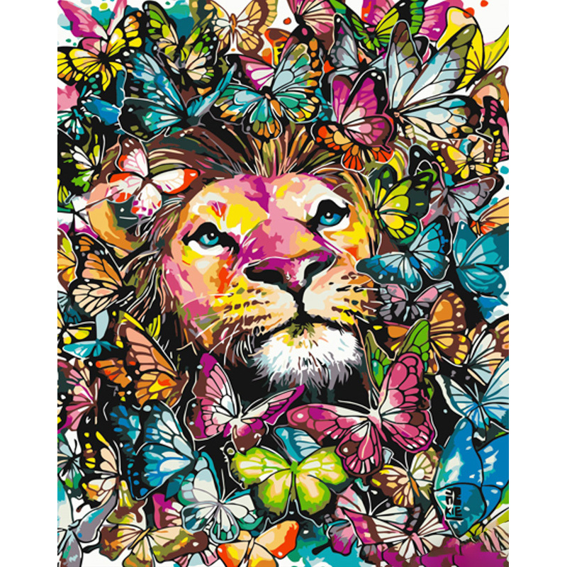 Malen nach Zahlen Strateg PREMIUM Löwe in Schmetterlingen mit Lack und Wasserwaage 40x50 cm (GS1522)
