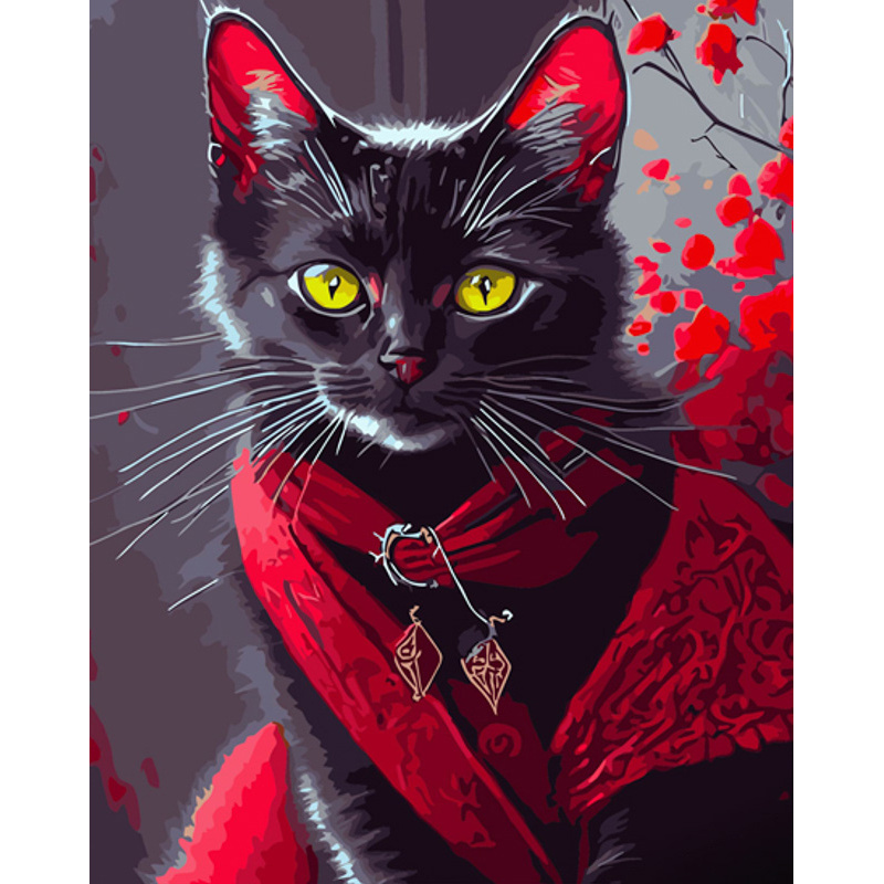 Malen nach Zahlen Strateg PREMIUM Katze in Rot mit Lack und Wasserwaage im Format 40x50 cm (GS1526)