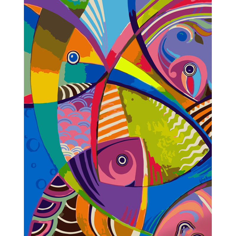 Картина за номерами Strateg ПРЕМІУМ Поп-арт риби з лаком та з рівнем розміром 40х50 см (GS1527)