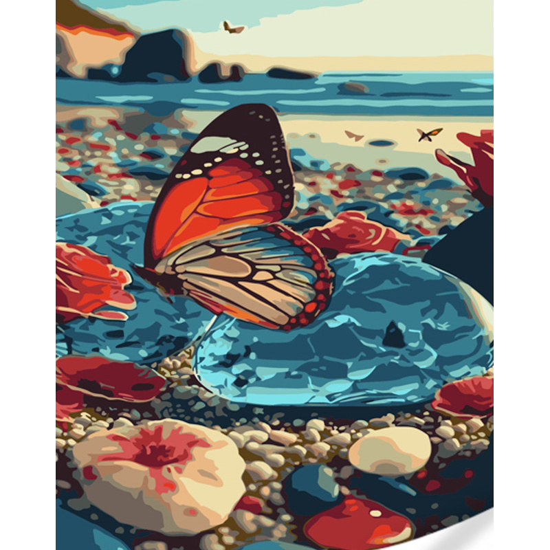 Картина за номерами Strateg ПРЕМІУМ Метелик на березі моря з лаком та з рівнем розміром 40х50 см (GS1535)