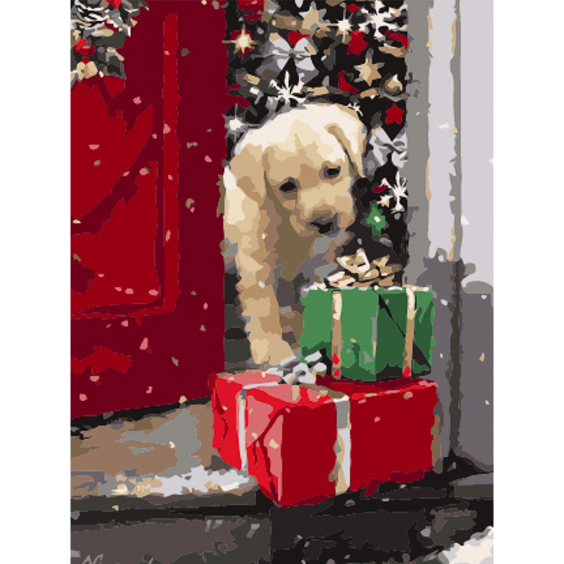 Painting by numbers Strateg PREMIUM Puppy with gifts, 30x40 cm (SS6827)