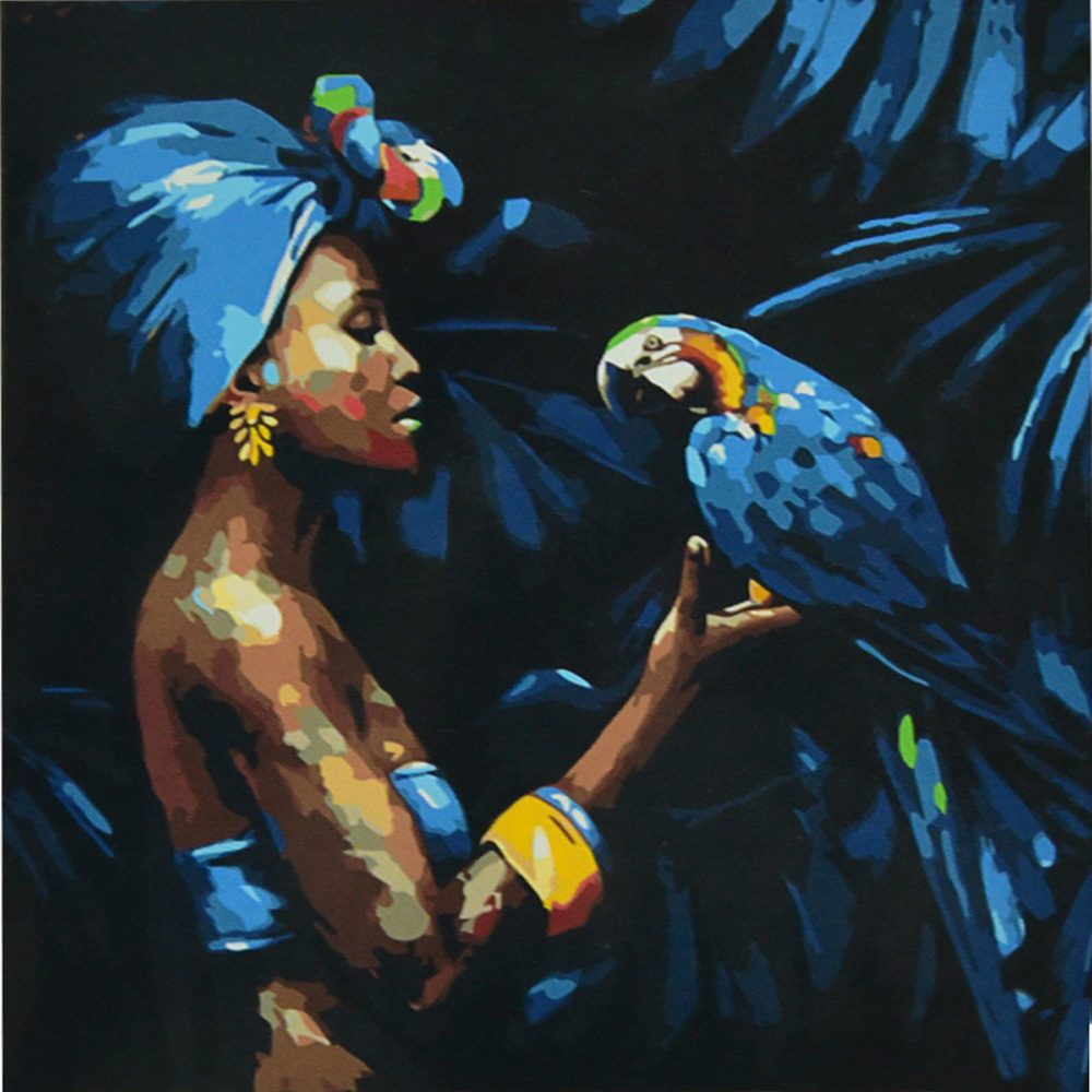 Картина за номерами Strateg   Африканська дівчина з папугою розміром 50х50 см (АА018)