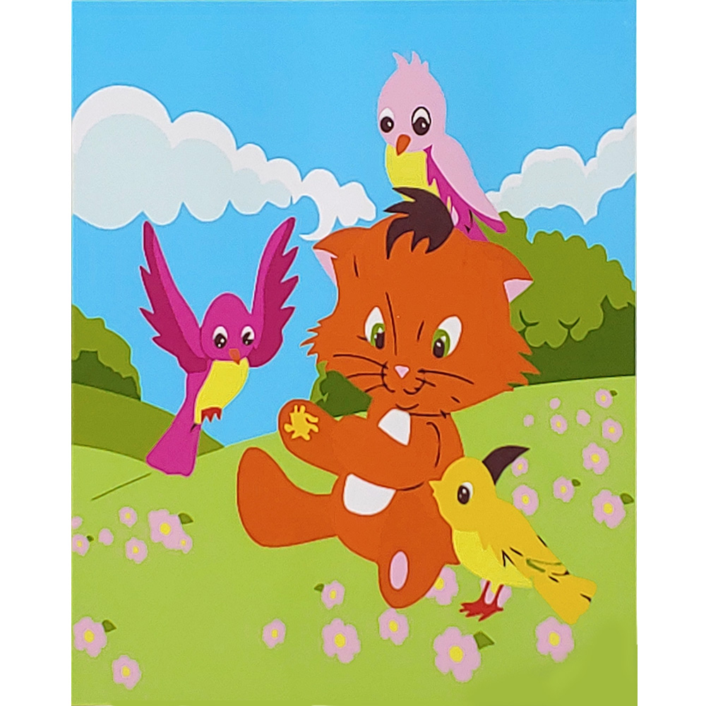 Картина за номерами Strateg ПРЕМІУМ Грайливе котеня з пташками з лаком та з рівнем розміром 30х30 см (ES194)