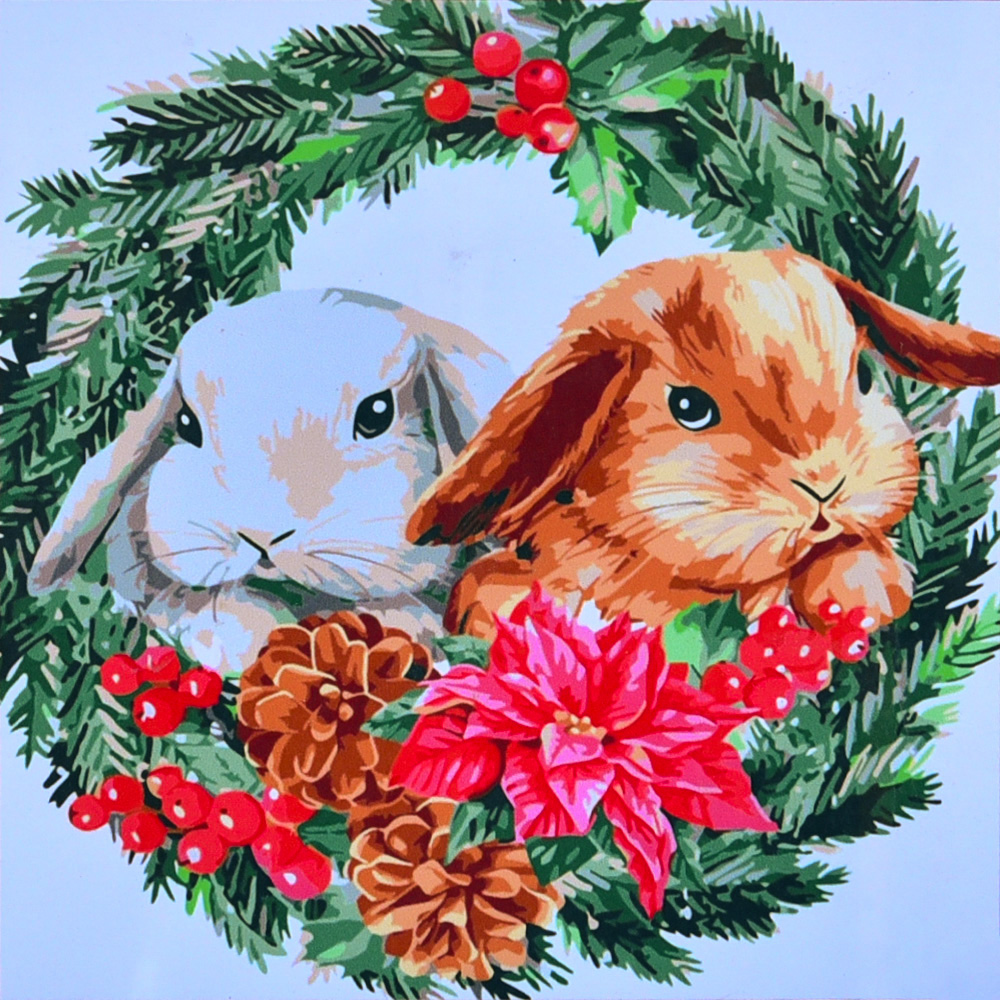 Картина за номерами Strateg ПРЕМІУМ Зимові кролики з лаком та з рівнем розміром  40х40 см(SK059)