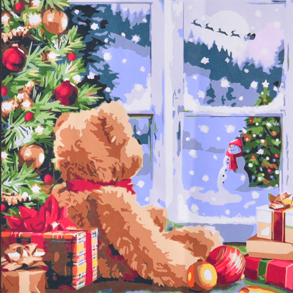 Картина за номерами Strateg ПРЕМІУМ Новорічні подарунки під ялинкою  з лаком та з рівнем розміром  40х40 см(SK064)