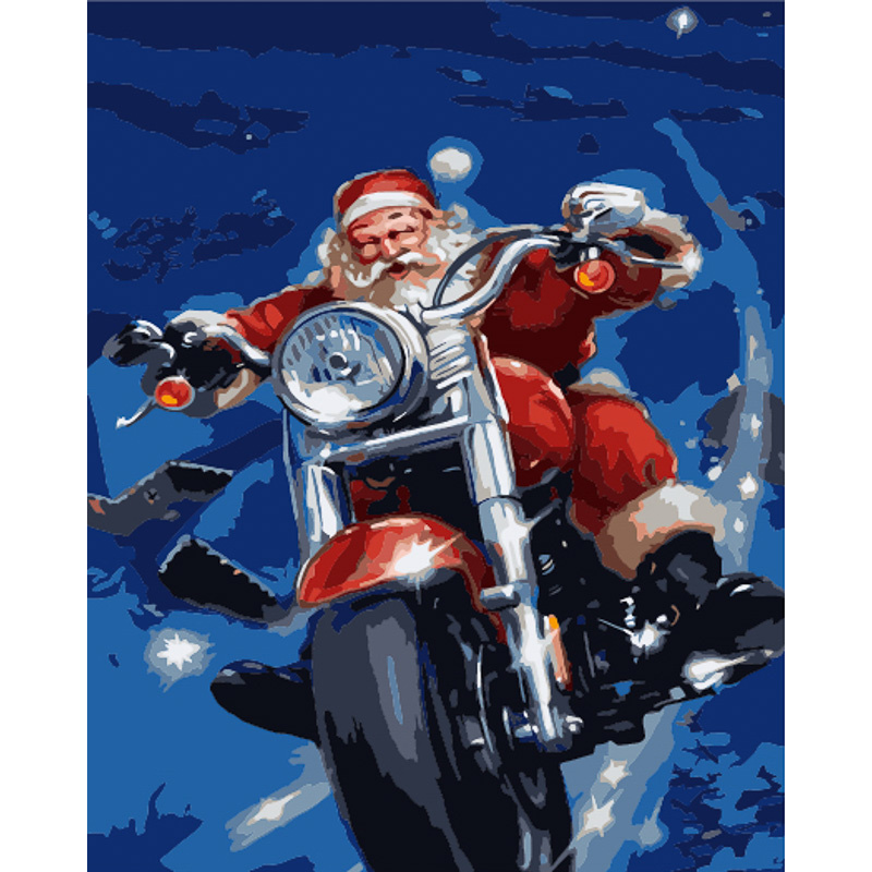 Картина за номерами Strateg ПРЕМІУМ Дід мороз на мотоциклі з лаком та з рівнем розміром 40х50 см (GS1555)