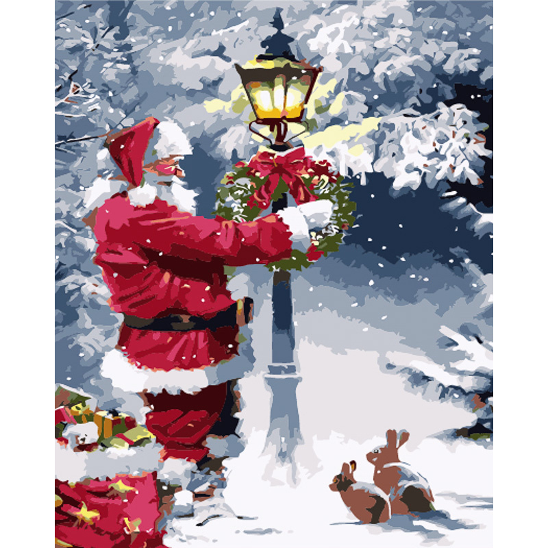 Malen nach Zahlen Strateg PREMIUM Weihnachtsmann mit Geschenken mit Lack und Wasserwaage 40x50 cm (GS1557)