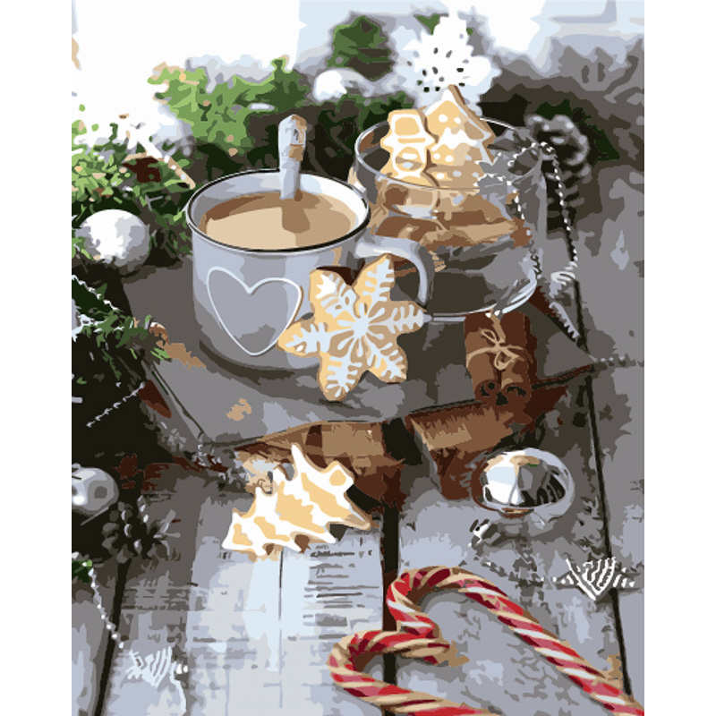 Malen nach Zahlen Strateg PREMIUM Kaffee und Lebkuchen mit Lack und Wasserwaage 40x50 cm (GS1566)