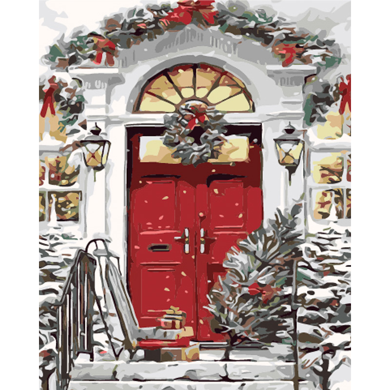 Malen nach Zahlen Strateg PREMIUM Haus mit Weihnachtsbaum und Geschenken mit Lack und einer Wasserwaage im Format 40x50 cm (GS1569)