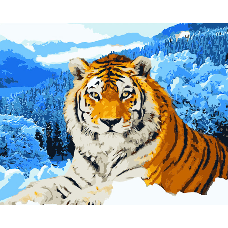Картина за номерами Strateg ПРЕМІУМ Тигр у засніжених горах з лаком та з рівнем розміром  40х50 см (GS1583)