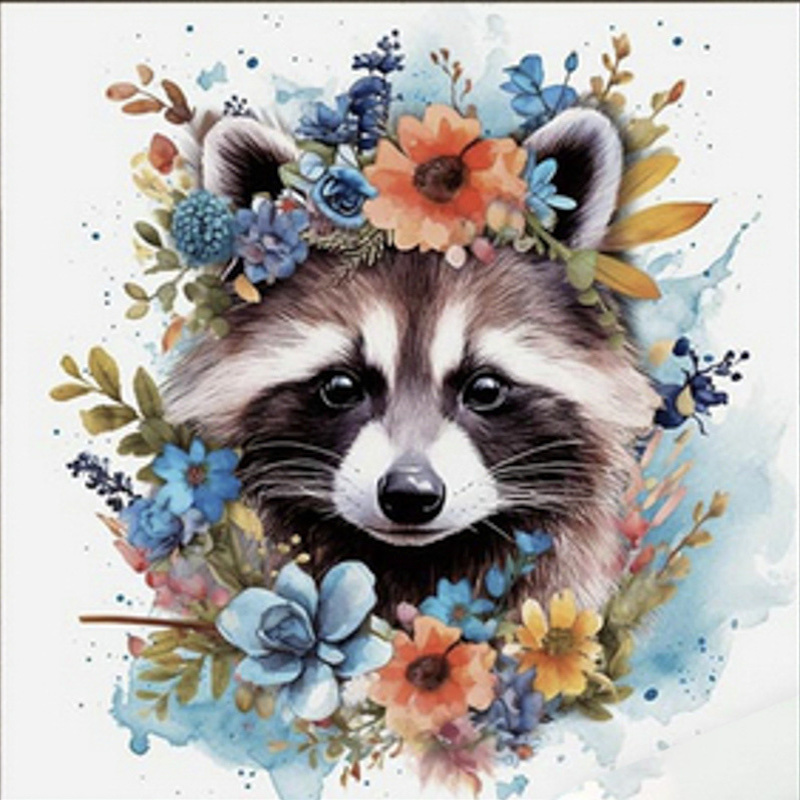 Diamantmosaik Strateg PREMIUM Waschbär in Blumen Größe 30x30 cm (ME13831)