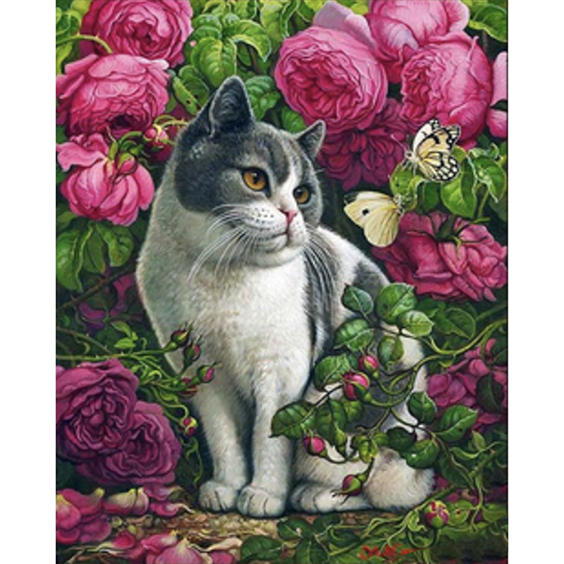 Diamond mosaic Strateg PREMIUM Roses and a cat 40x50 cm (SK85996)