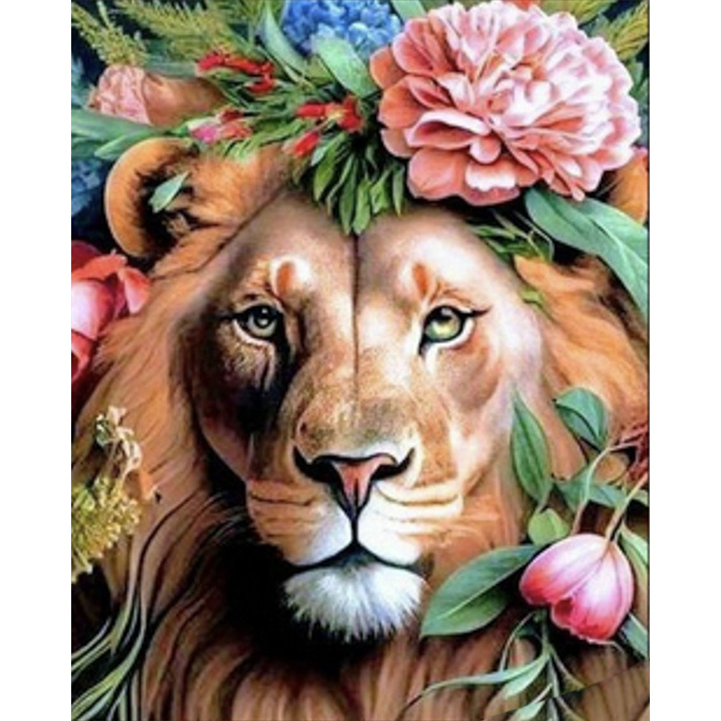 Diamond mosaic Strateg PREMIUM Lion in a flower crown 40x50 cm (SK86018)