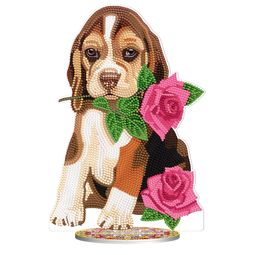 Diamond mosaic Strateg PREMIUM Dog with a flower on a stand, 30x30 cm (BJP12)