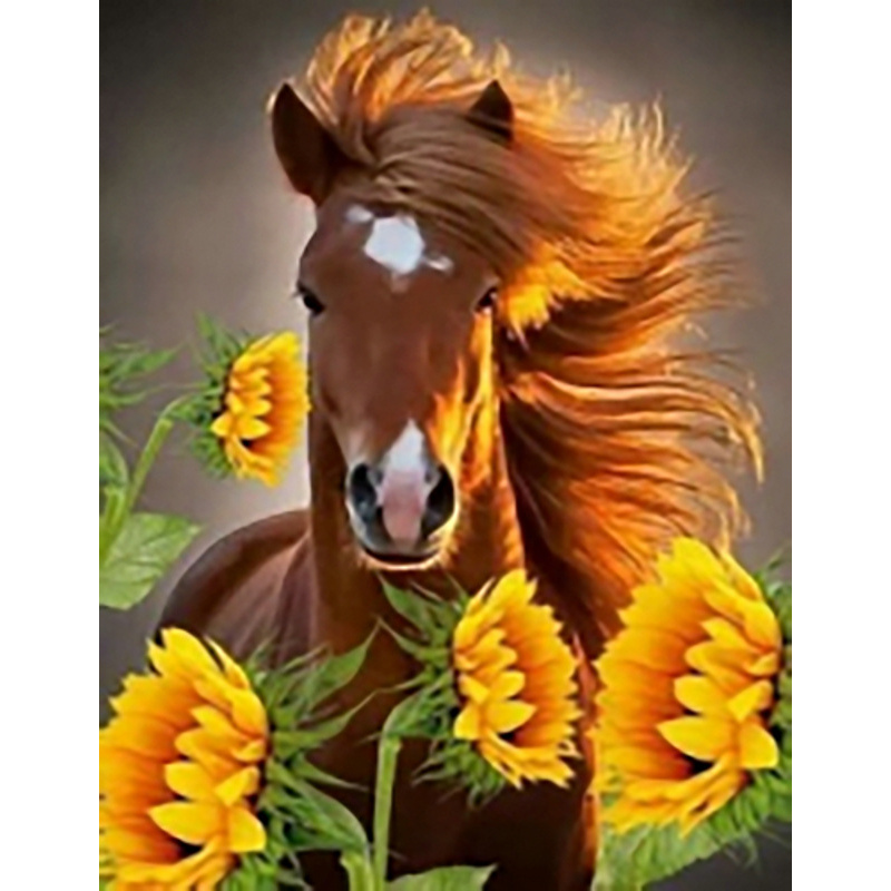 Diamond mosaic Horse among sunflowers without a subframe 40x50 cm (JSFH85870)