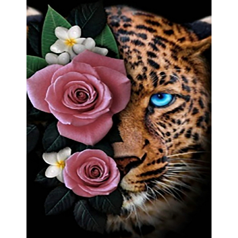 Алмазна мозаїка Strateg ПРЕМІУМ Леопард у квітках без підрамника розміром 40х50 см  (JSFH85884)