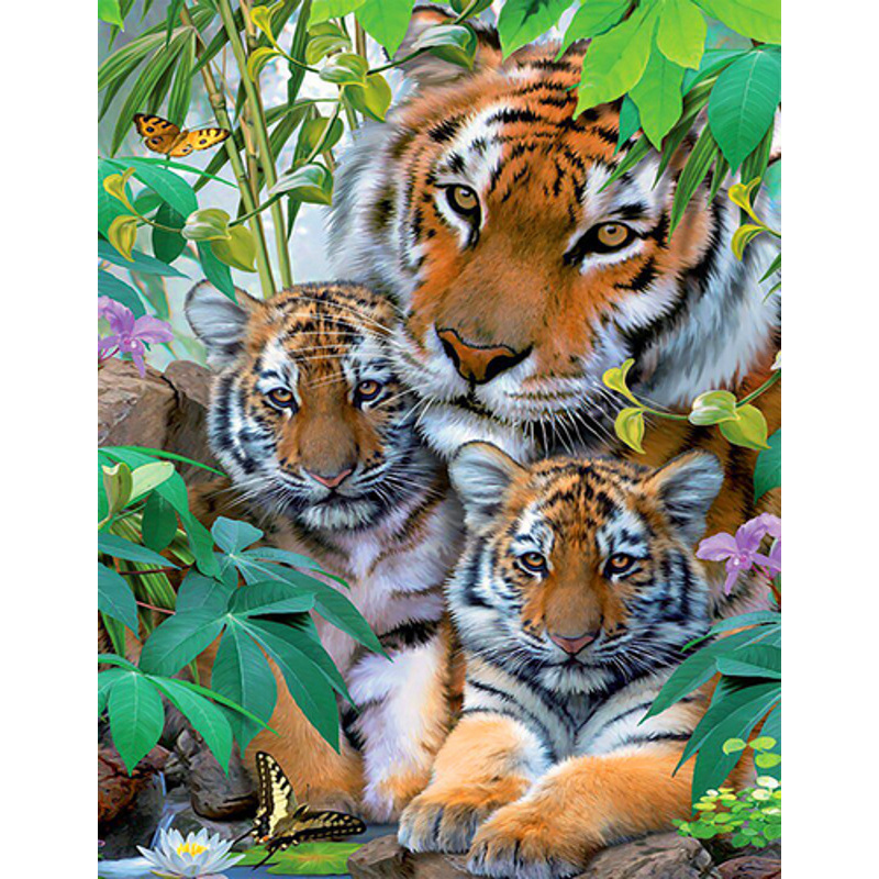 Алмазна мозаїка Strateg ПРЕМІУМ Тигр з тигрятами без підрамника розміром 40х50 см  (JSFH85886)