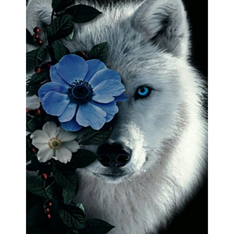 Diamantmosaik Strateg PREMIUM Weißer Wolf in Blumen rahmenlos Größe 40x50 cm (JSFH85892)