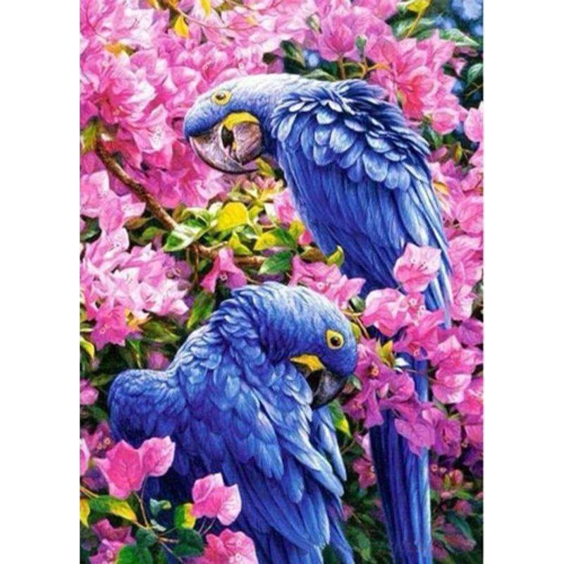Diamantmosaik Strateg PREMIUM Paar Papageien in Blumen rahmenlos Größe 30x40 cm (GD74839)