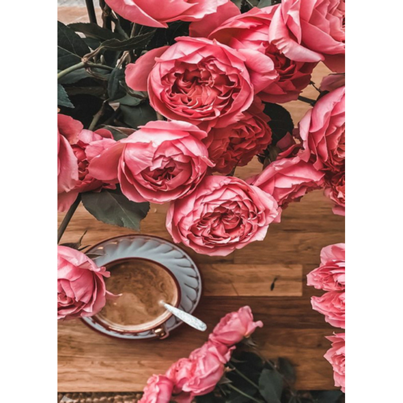 Diamantmosaik Strateg PREMIUM Kaffee mit rosa Rosen rahmenlos Größe 30x40 cm (GD86095)
