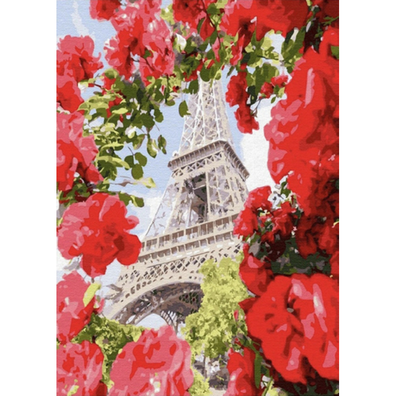 Алмазна мозаїка Strateg ПРЕМІУМ Ейфелева вежа серед троянд без підрамника розміром 30х40 см  (GD86102)