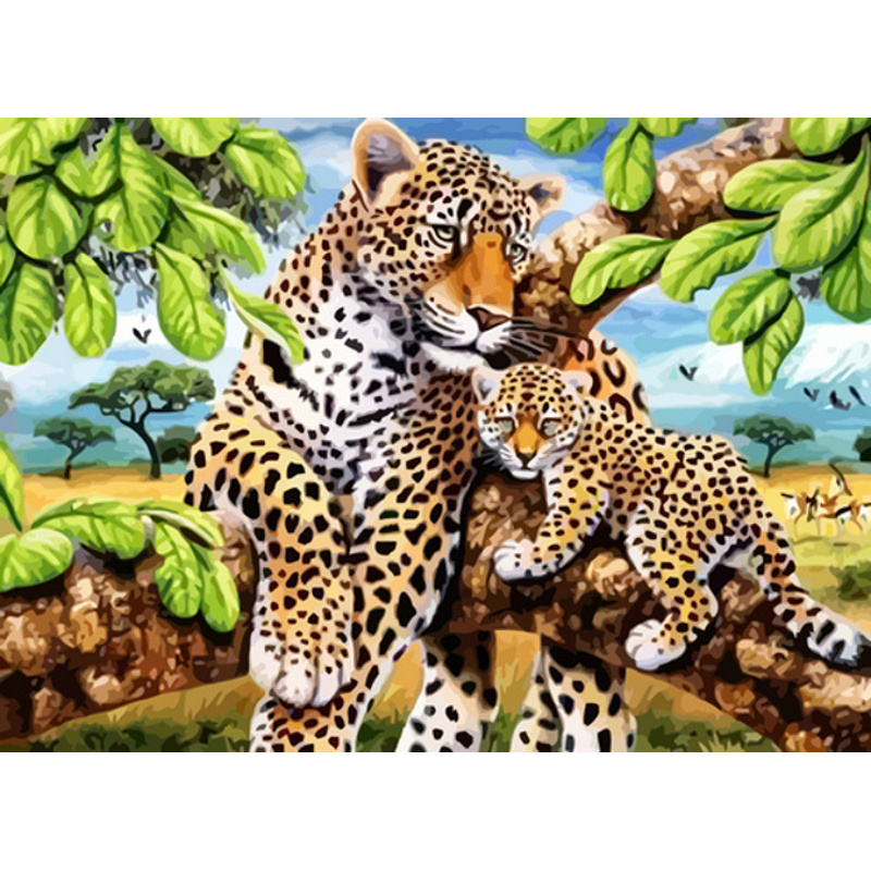 Diamantmosaik Strateg PREMIUM Leopard mit Jungtier rahmenlos Größe 50x65 cm (SGK76327)