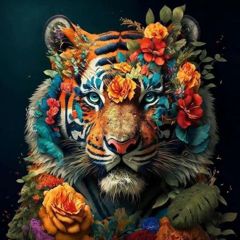 Malen nach Zahlen Strateg PREMIUM Heller Tiger in Blumen auf schwarzem Hintergrund, Größe 40x40 cm (AV4040-8)