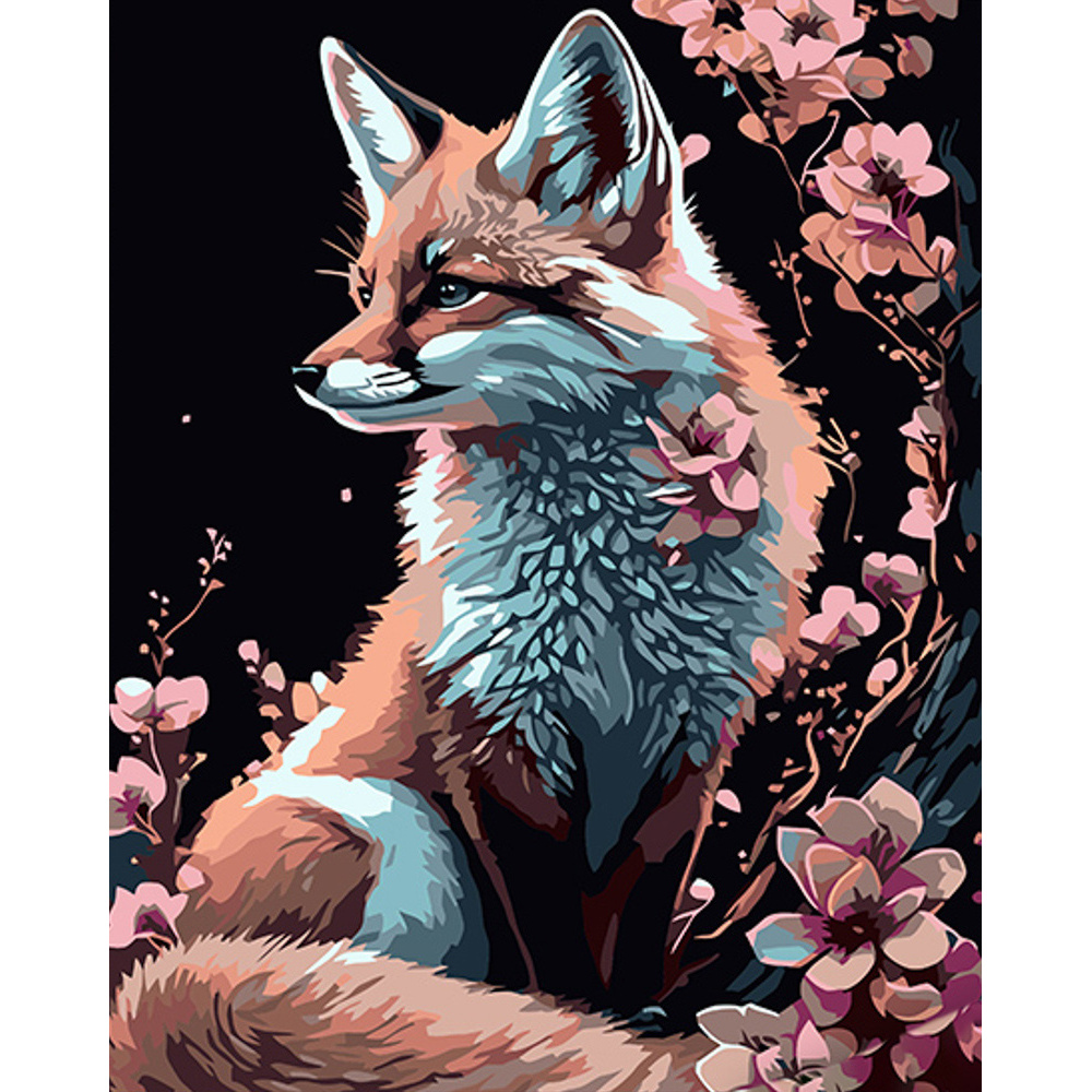 Malen nach Zahlen Strateg PREMIUM Fuchs in zarten Blumen auf schwarzem Hintergrund Größe 40x50 cm (AH1006)