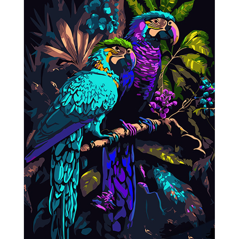 Painting by numbers Strateg PREMIUM Parrots on a branch on a black background 40x50 cm (AH1012)