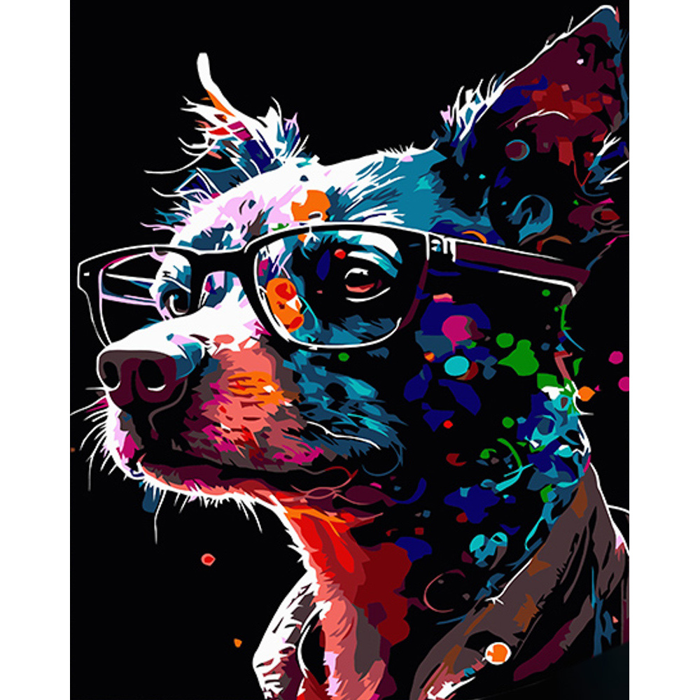 Painting by numbers Strateg PREMIUM Bright dog with glasseson a black background 40x50 cm (AH1017)