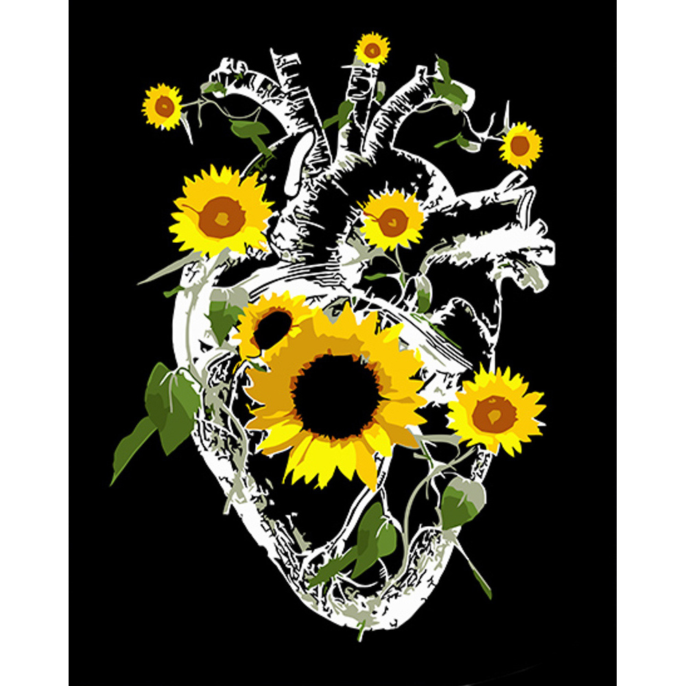 Malen nach Zahlen Strateg PREMIUM Herz zwischen Sonnenblumen auf schwarzem Hintergrund, Größe 40x50 cm (AH1028)