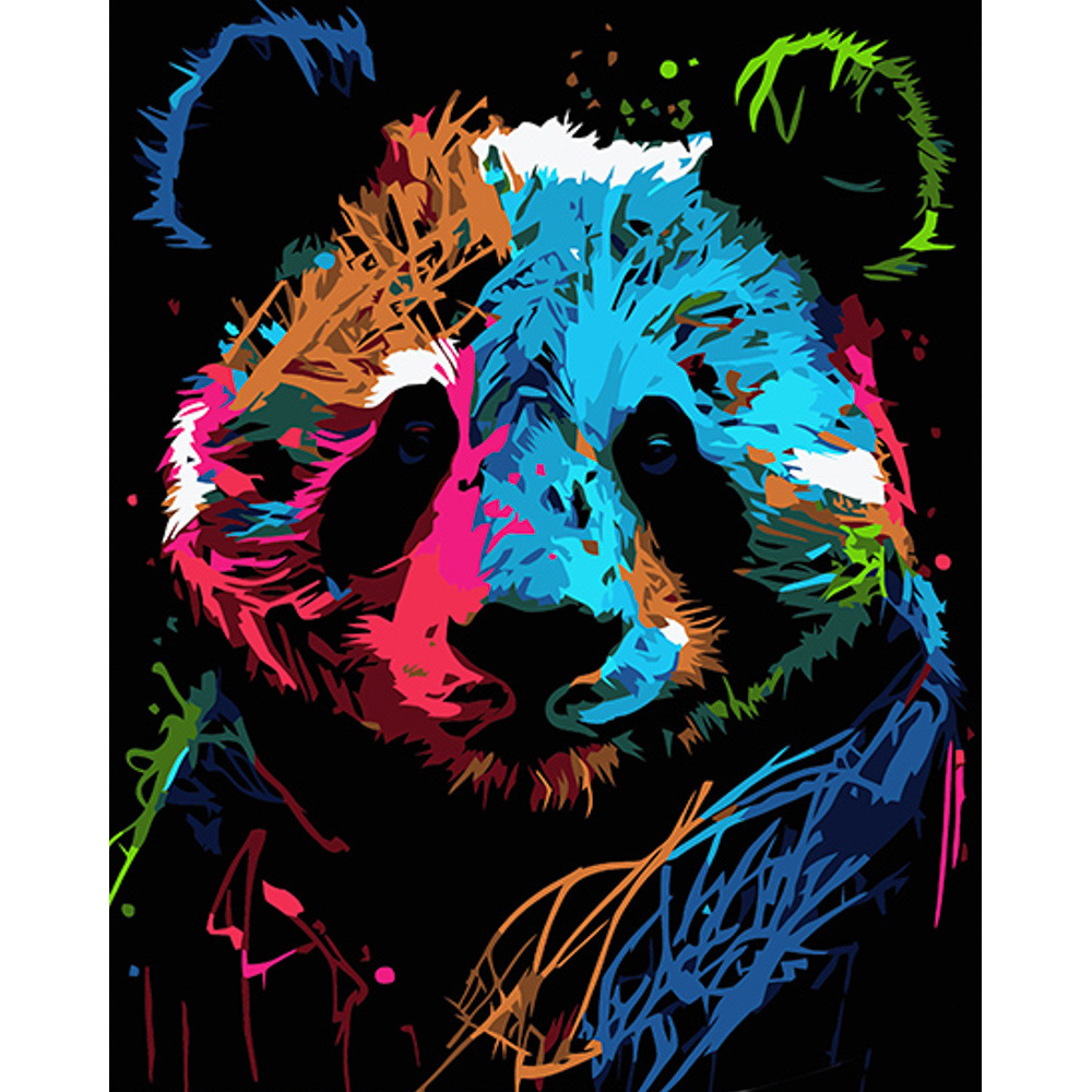 Malen nach Zahlen Strateg PREMIUM Bunter Panda im Pop-Art-Stil auf schwarzem Hintergrund, Größe 40x50 cm (AH1032)