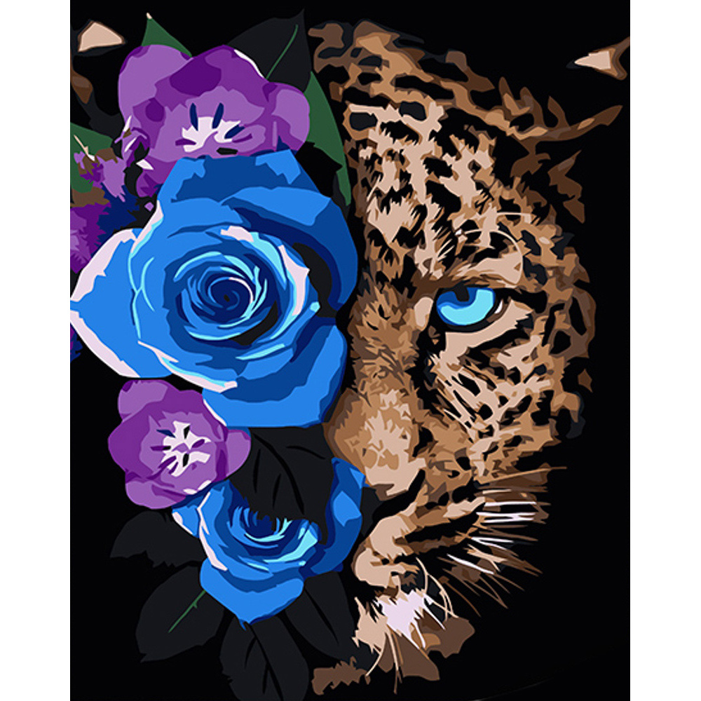 Malen nach Zahlen Strateg PREMIUM Leopard in Blumen auf schwarzem Hintergrund, Größe 40x50 cm (AH1033)