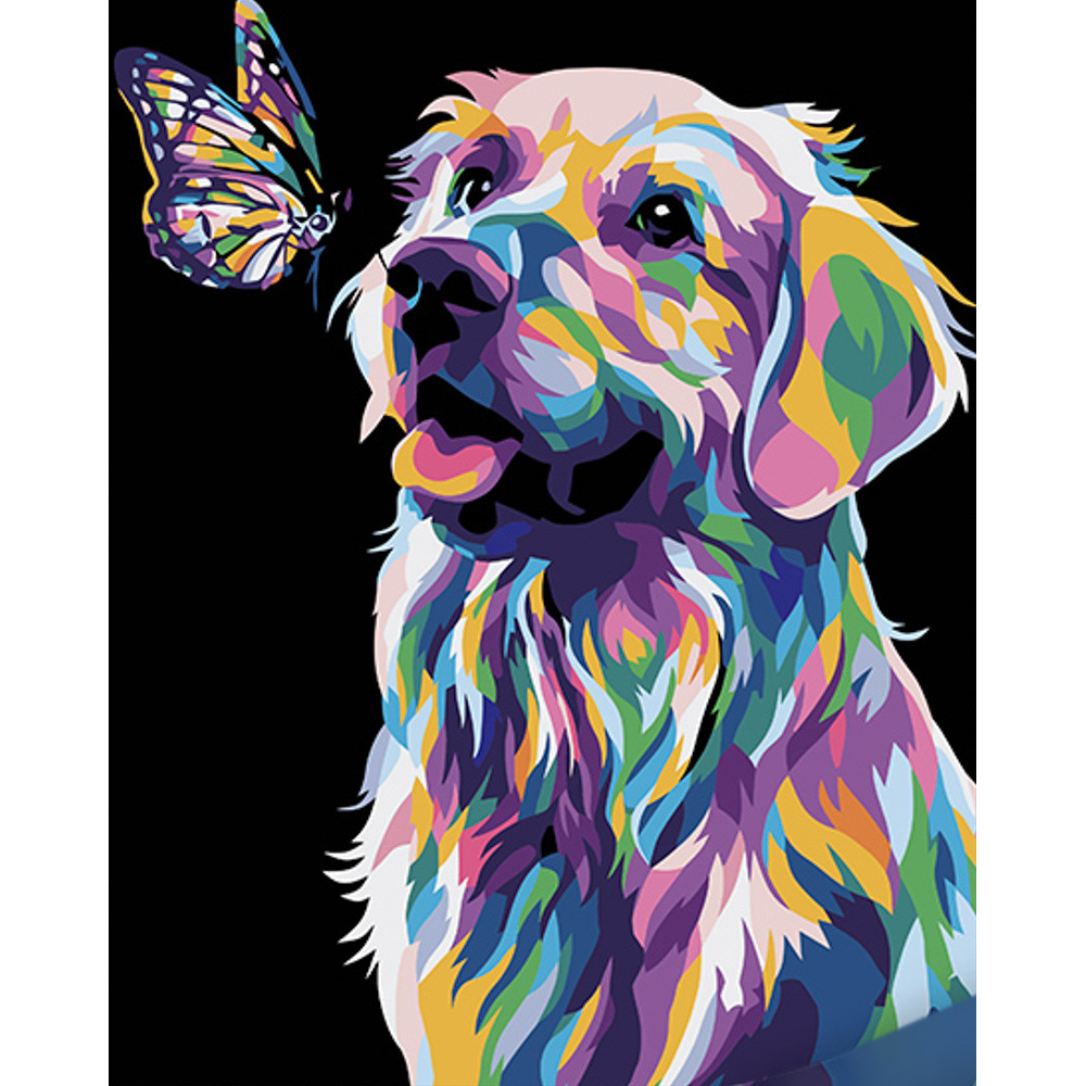 Painting by numbers Strateg PREMIUM Dog with Butterflyon a black background 40x50 cm (AH1047)