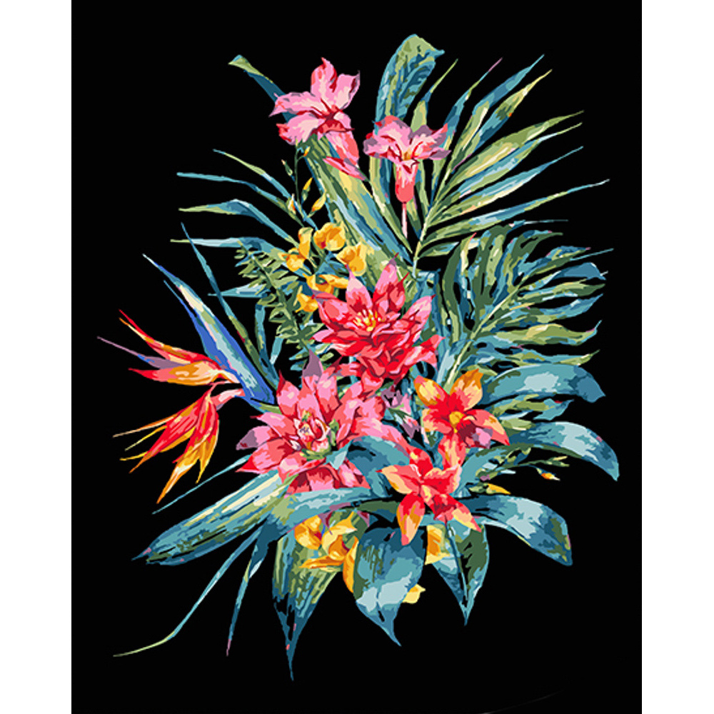 Malen nach Zahlen Strateg PREMIUM Exotischer Blumenstrauß auf schwarzem Hintergrund, Größe 40 x 50 cm (AH1050)