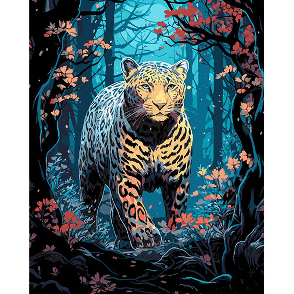 Картина за номерами Strateg ПРЕМІУМ Леопард на полюванні на чорному фоні розміром 40х50 см (AH1062)