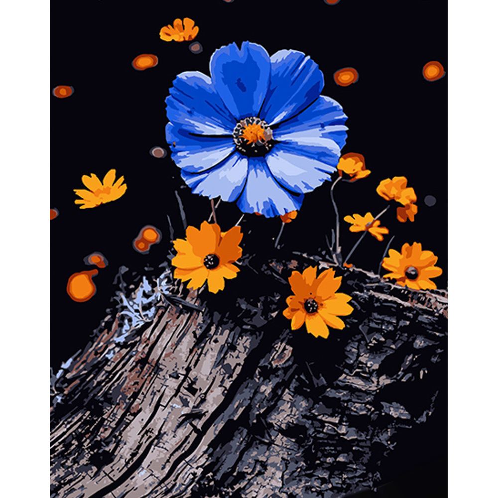 Картина за номерами Strateg ПРЕМІУМ Квітки на пні  на чорному фоні розміром 40х50 см (AH1065)