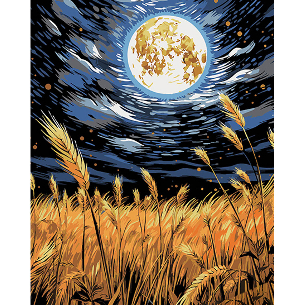 Malen nach Zahlen Strateg PREMIUM Weizen unter dem Sternenhimmel auf schwarzem Hintergrund, Größe 40x50 cm (AH1066)