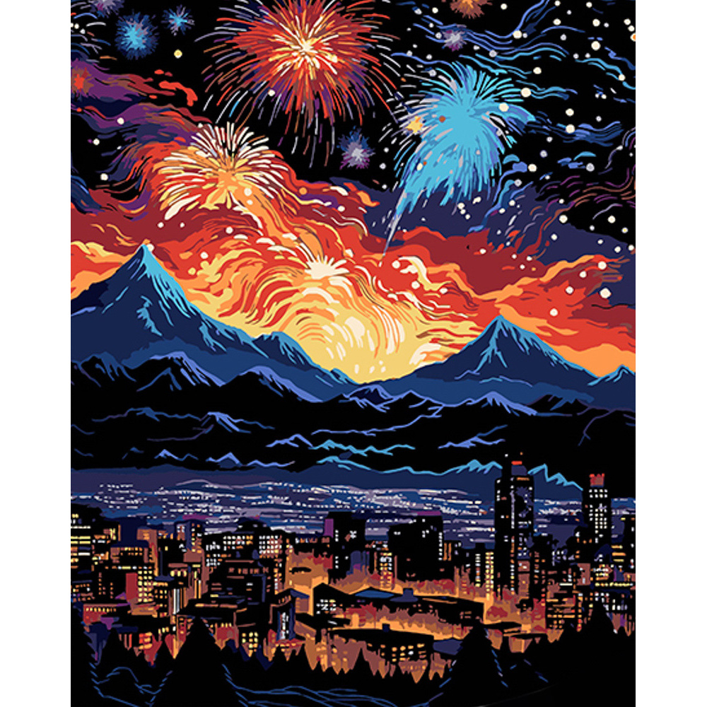 Painting by numbers Strateg PREMIUM Night City with Fireworks on a black background 40x50 cm (AH1068)