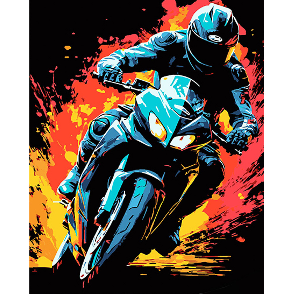 Картина по номерам Strateg ПРЕМИУМ Мотоциклист на байке на черном фоне размером 40х50 см (AH1069)