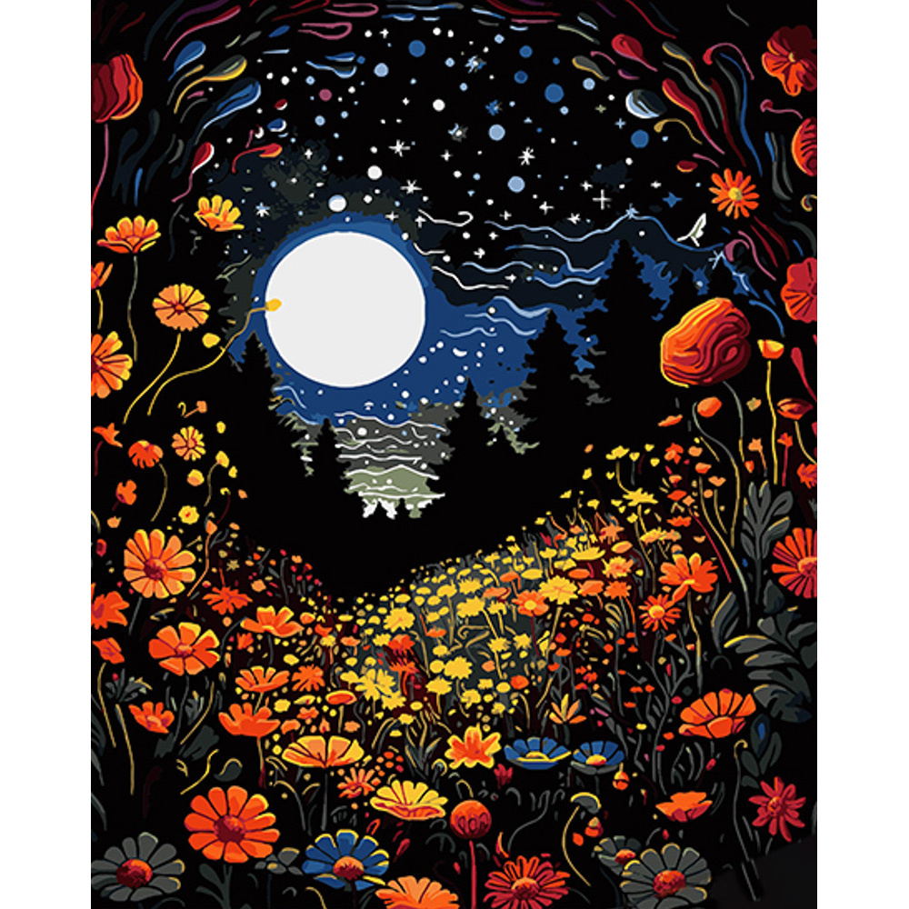 Картина по номерам Strateg ПРЕМИУМ Ночной цветочный лес на черном фоне размером 40х50 см (AH1082)