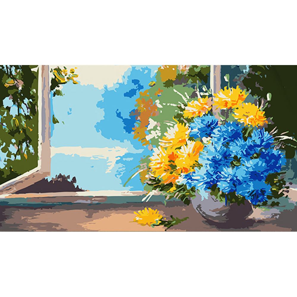 Картина за номерами Strateg Букет квітів на вікні розміром 50х25 см (WW181)