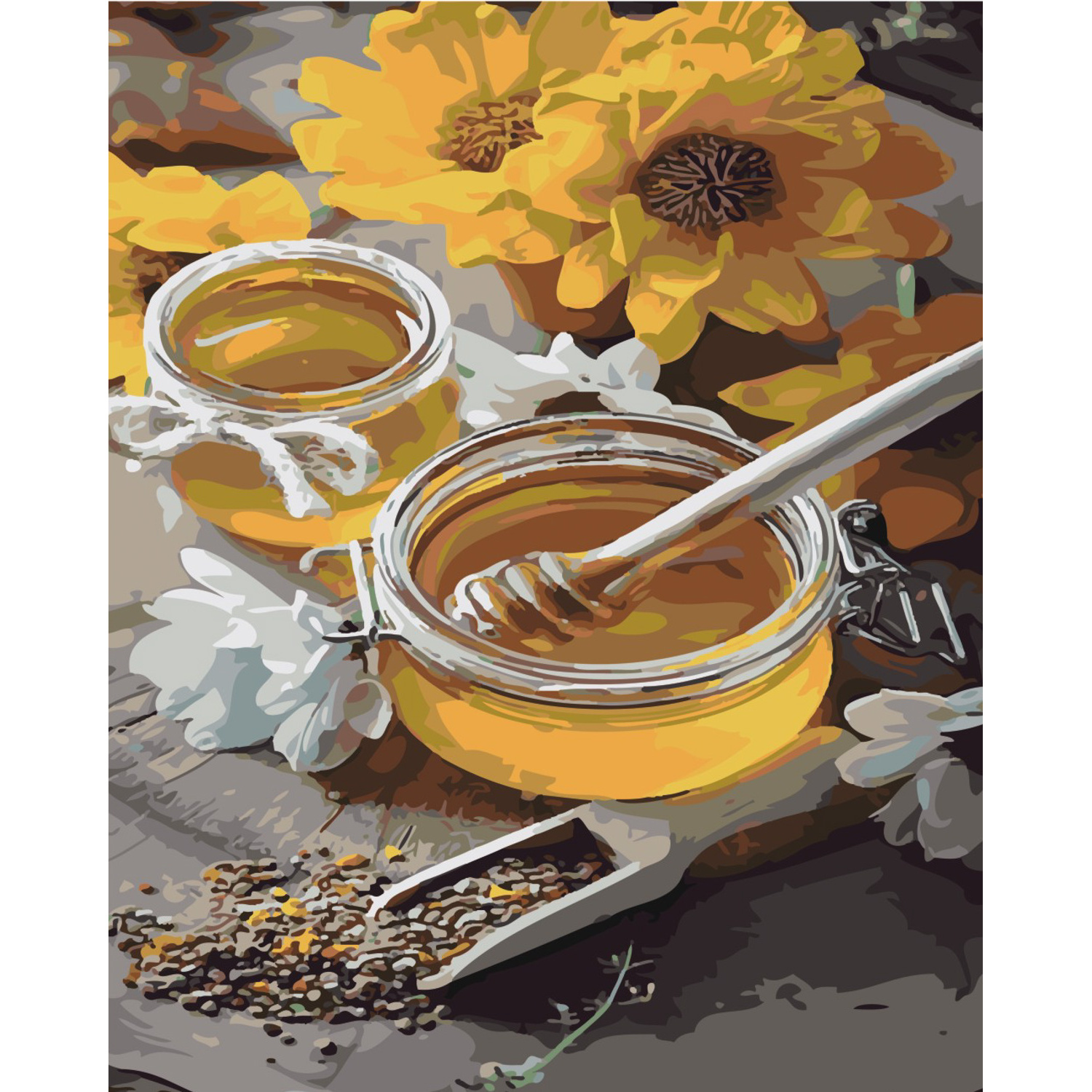 Malen nach Zahlen Strateg Gläser mit Honig auf farbigem Hintergrund, Größe 40x50 cm (SY6477)