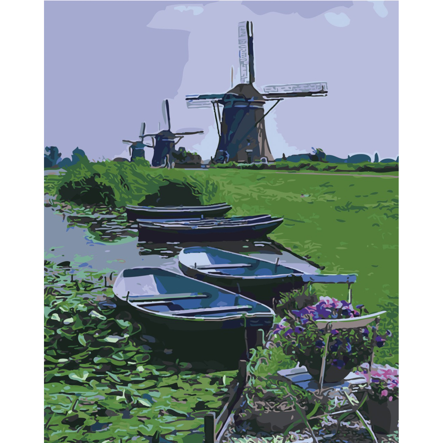 Malen nach Zahlen Strateg-Boote auf dem Hintergrund einer Mühle auf farbigem Hintergrund, Größe 40 x 50 cm (SY6493)