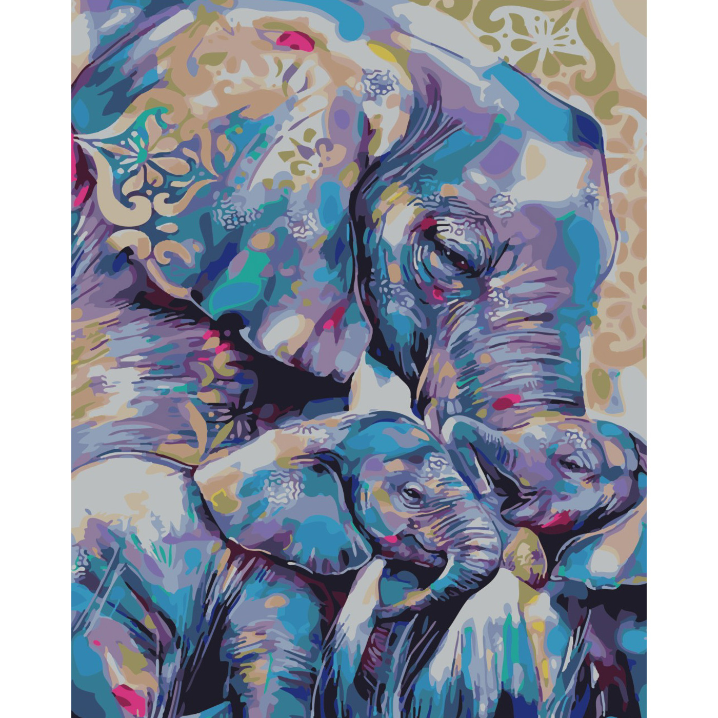 Malen nach Zahlen Strateg Mutter mit Elefantenbabys auf farbigem Hintergrund, Größe 40x50 cm (SY6519)