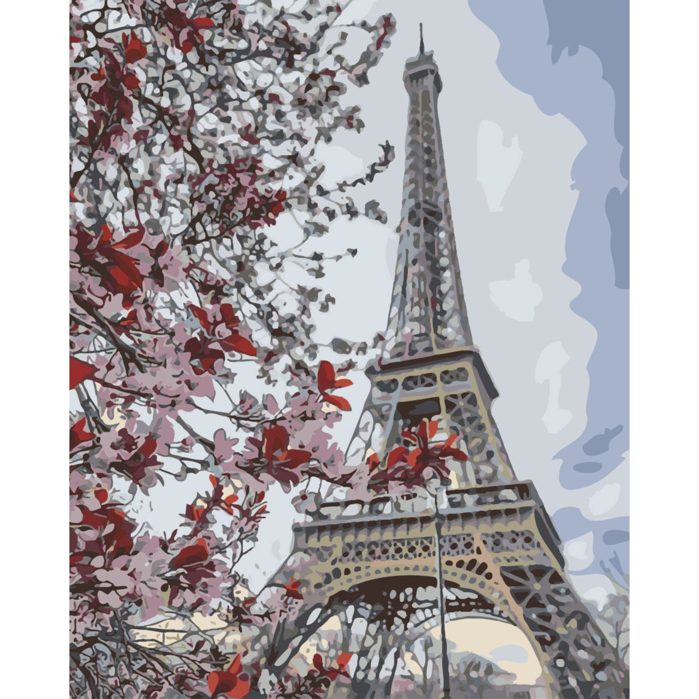 Malen nach Zahlen Strateg Blumen eines Baumes in der Nähe eines Turms auf farbigem Hintergrund, Größe 40x50 cm (SY6532)