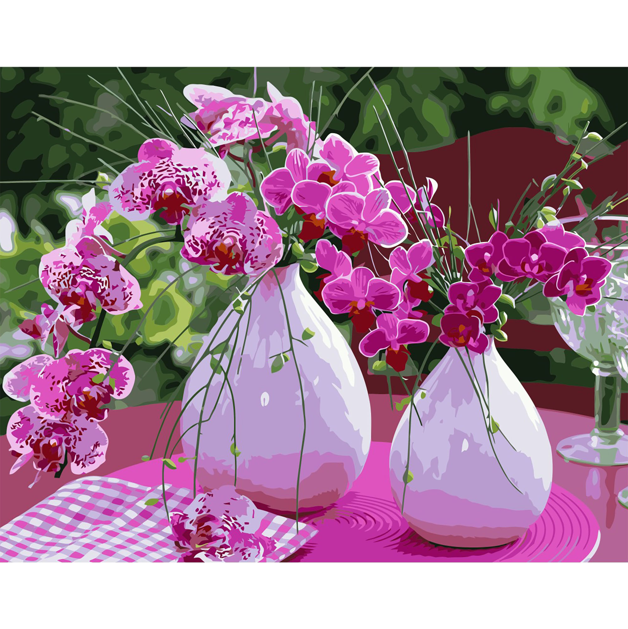 Malen nach Zahlen Strateg Helle Orchideen auf einem Tisch auf farbigem Hintergrund, Größe 40x50 cm (VA-2501)