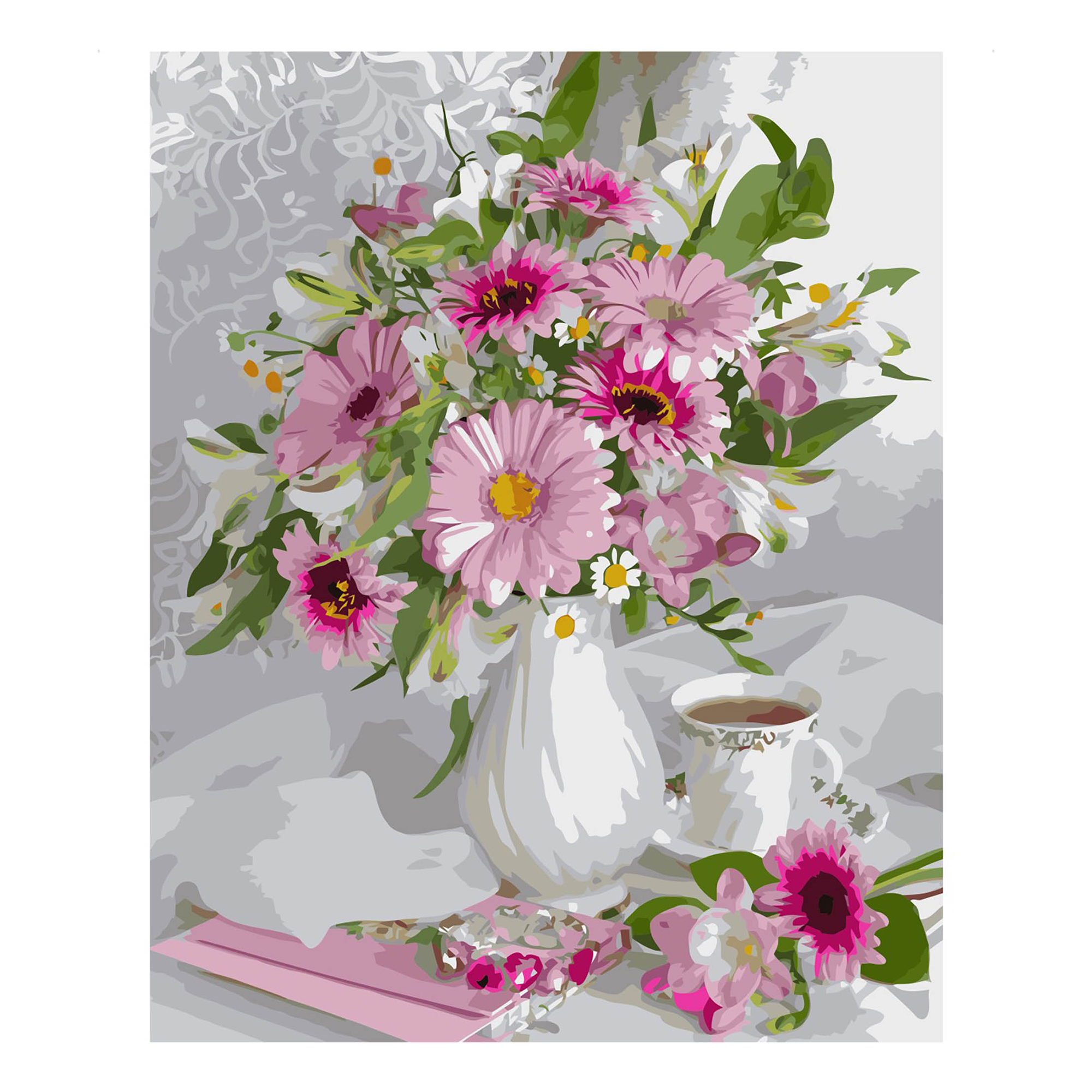 Malen nach Zahlen Strateg Blumenstrauß aus rosa Gerbera auf farbigem Hintergrund, Größe 40x50 cm (VA-2539)