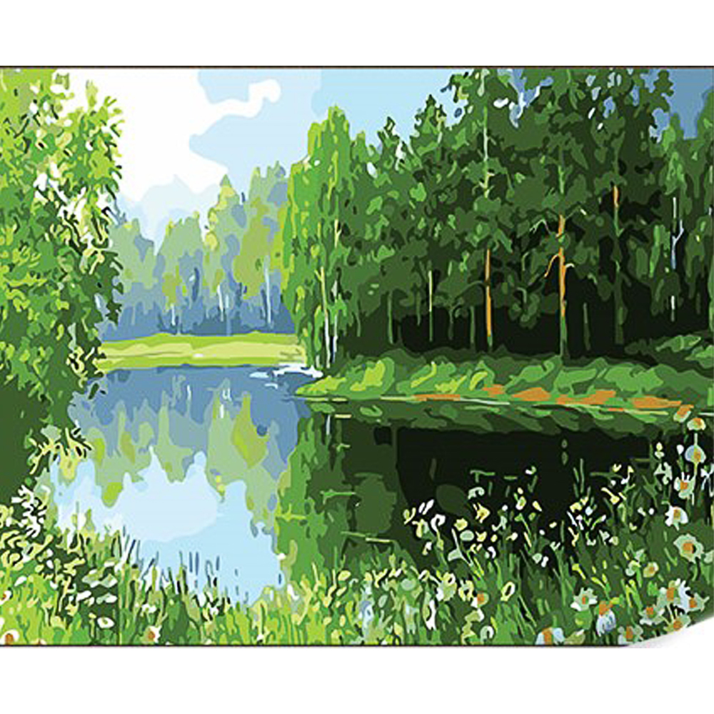 Malen nach Zahlen Strateg PREMIUM Teich im Wald mit Lack und Wasserwaage 30x40 cm (SS1000)