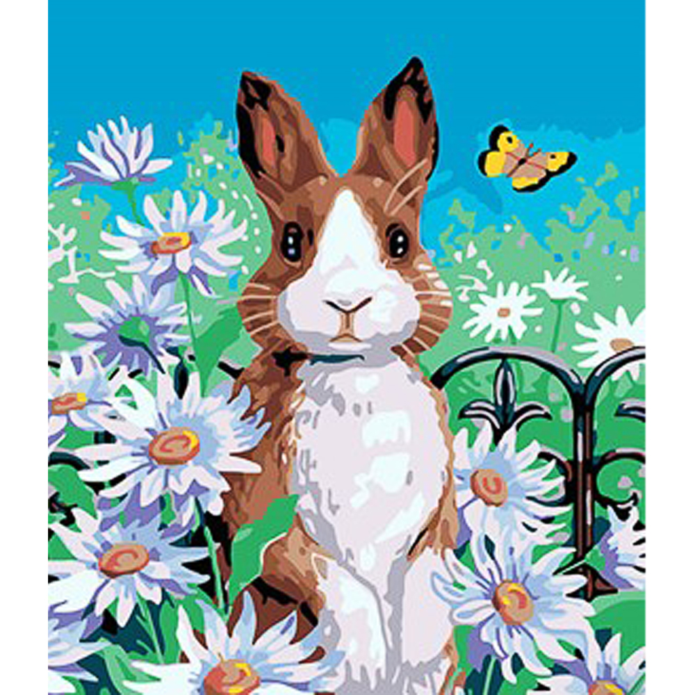 Картина за номерами Strateg ПРЕМІУМ Кролик у ромашках з лаком та з рівнем розміром 30х40 см (SS1002)